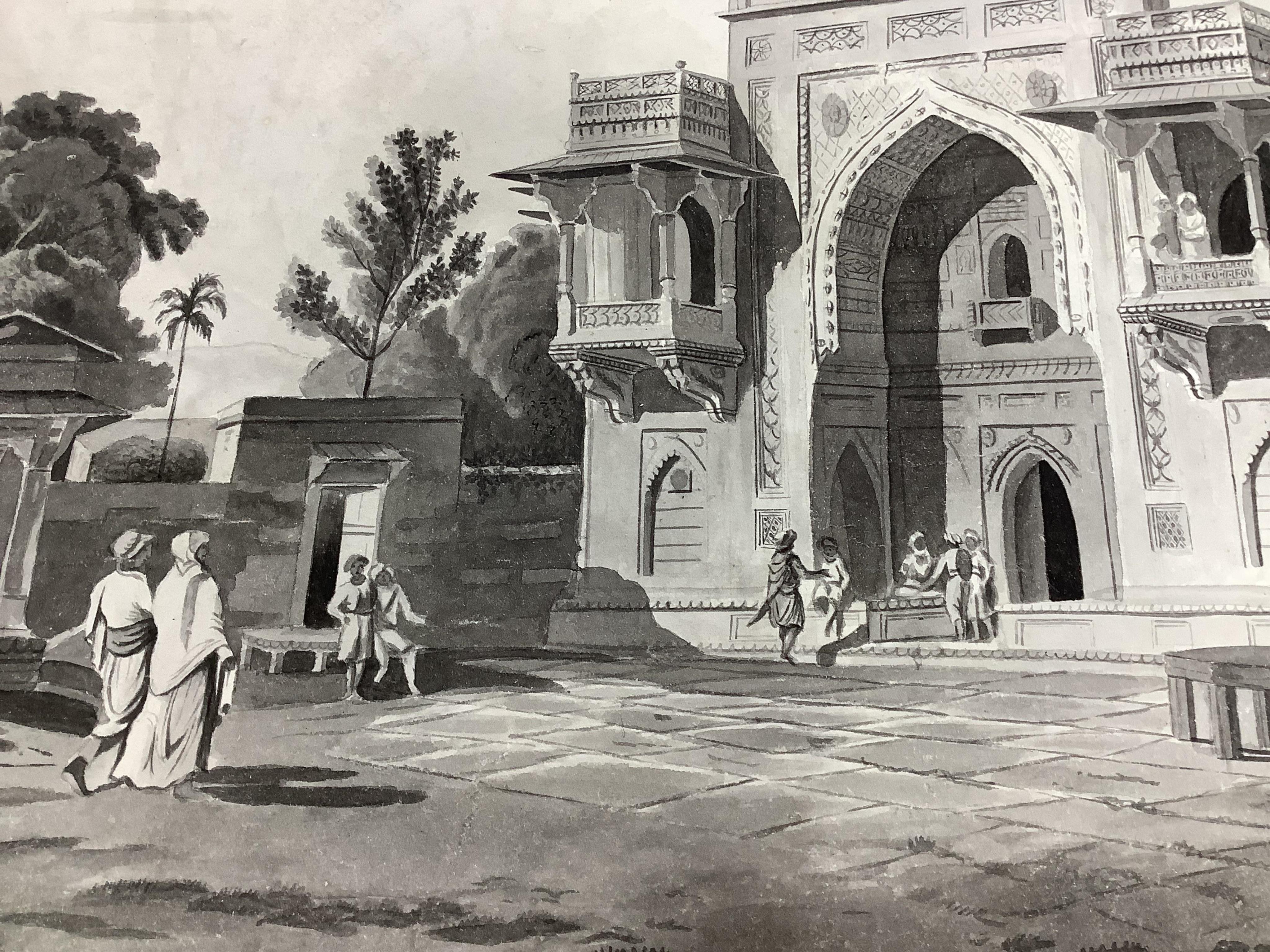 Manner of William Daniell RA (1769–1837), monochrome watercolour, Indian temple, 31 x 44.5cm. Condition - good